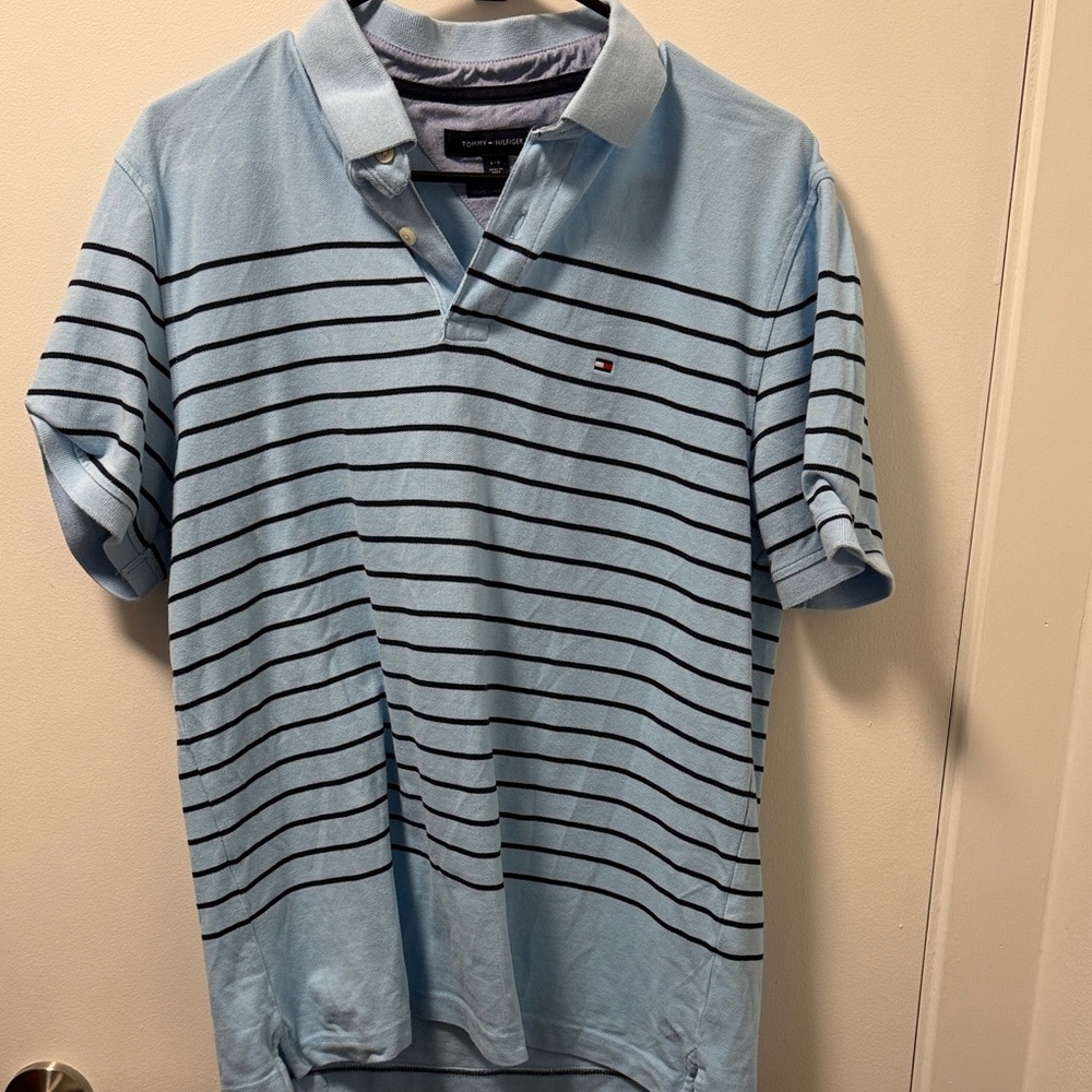 Tommy Hilfiger Sky Blue Polo with Dark Blue Stripes